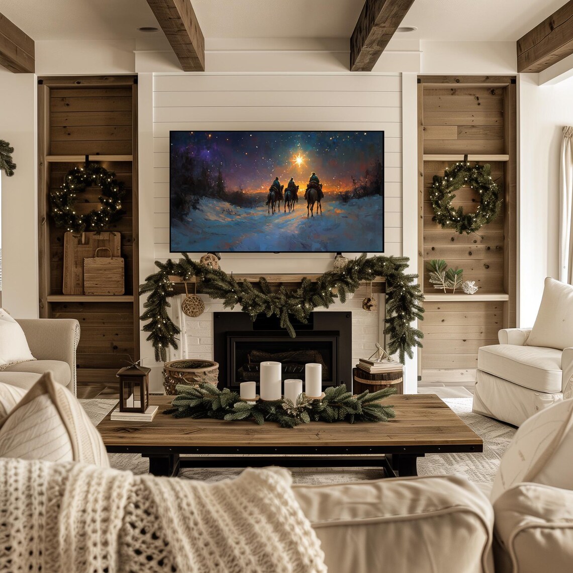Three Wise Men Horses Starry Night Sky Christmas Watercolor Oil Painting Poster
