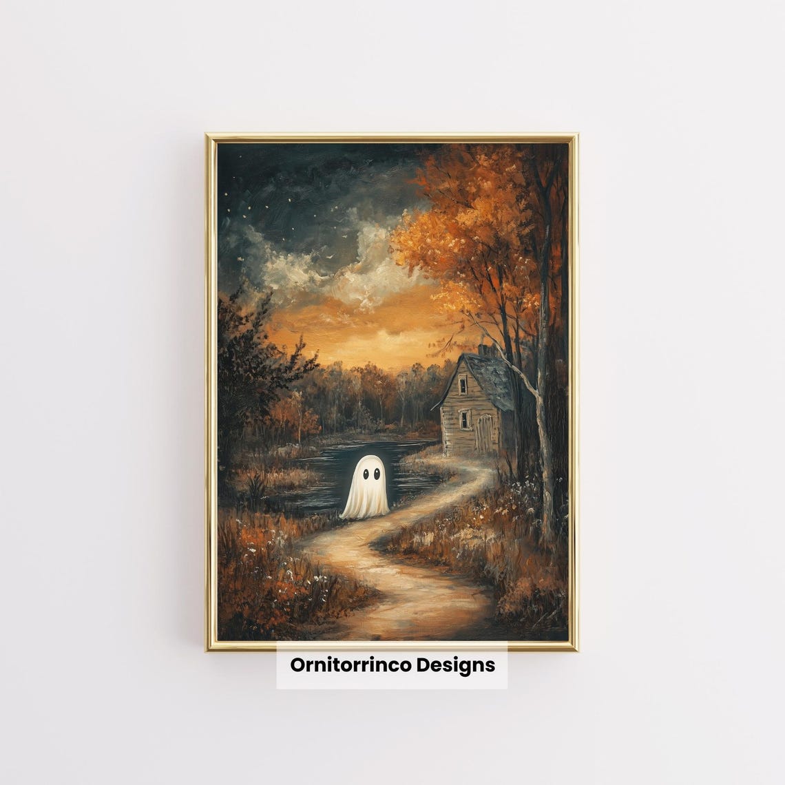Lonely Ghost Riverside Cabin Path Dusk Spooky Autumn Art Print Poster - Image 3