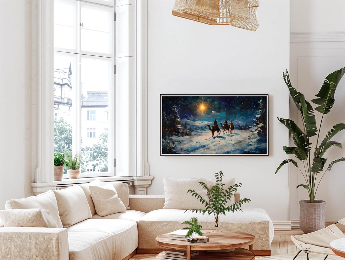 Three Wise Men Camels Starry Night Snowy Christmas Painting Poster - Image 2