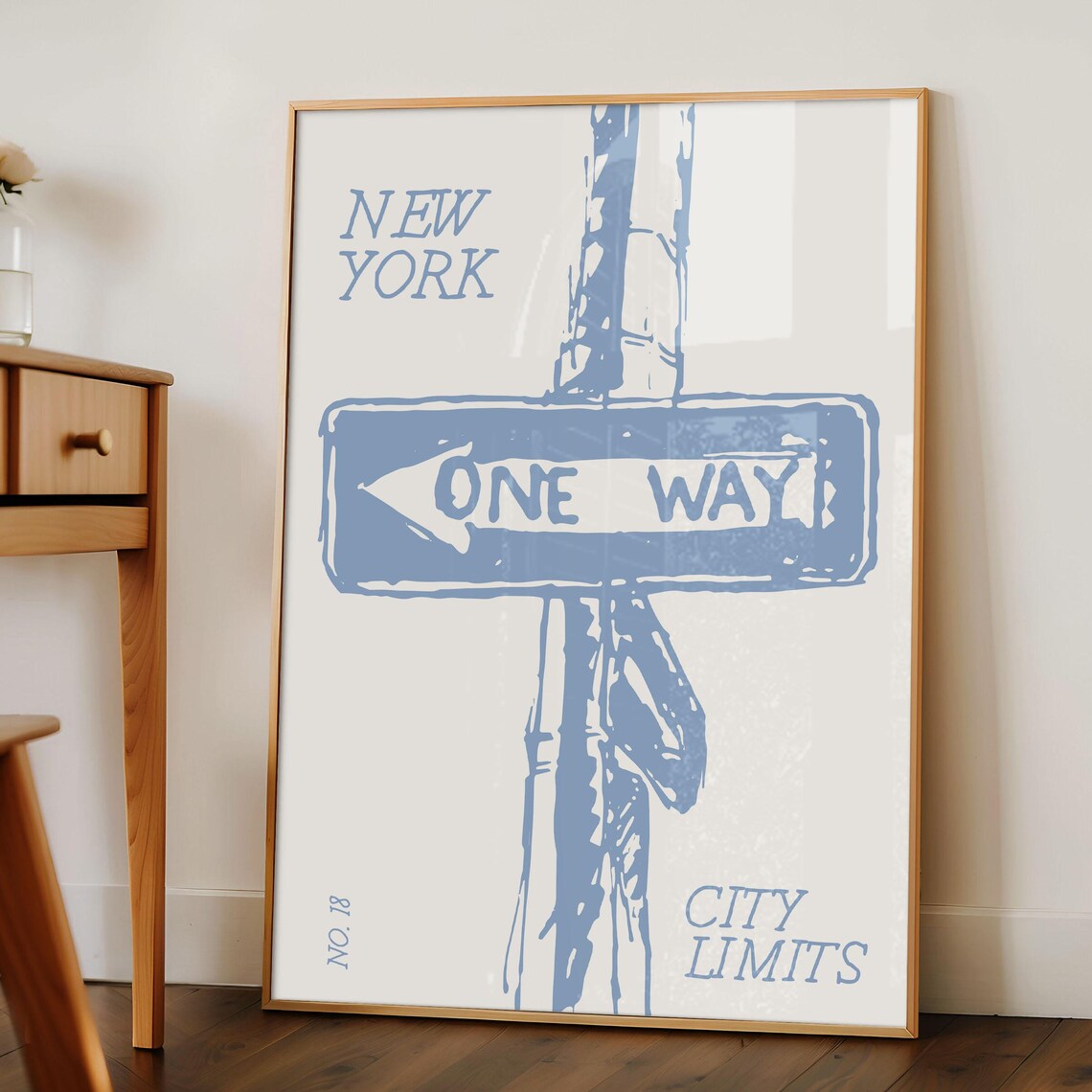 New York One Way Street Sign Retro Blue Minimalist Wall Poster