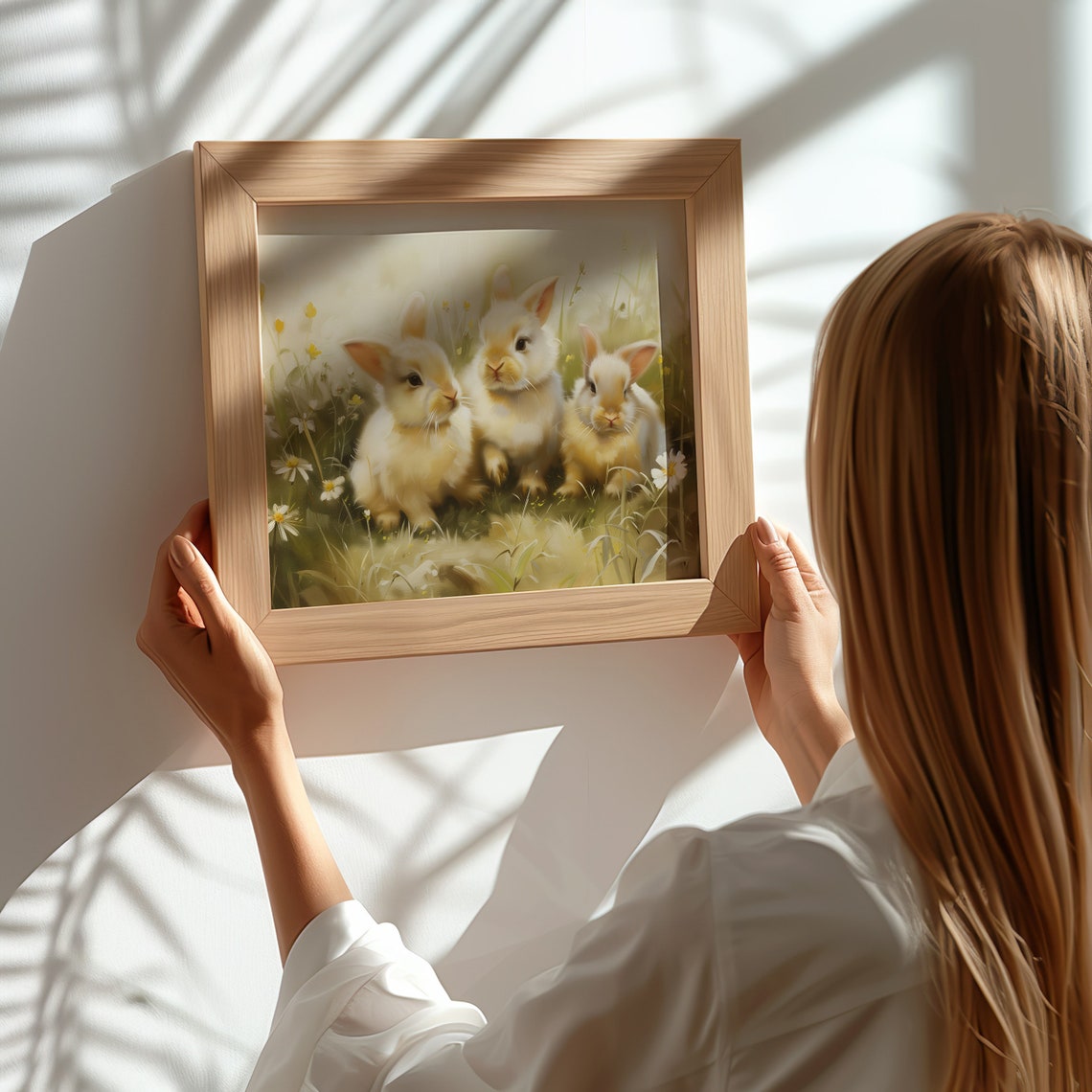 Three Baby Bunnies In Wildflower Meadow Spring Oil Painting Wall Art - Image 3
