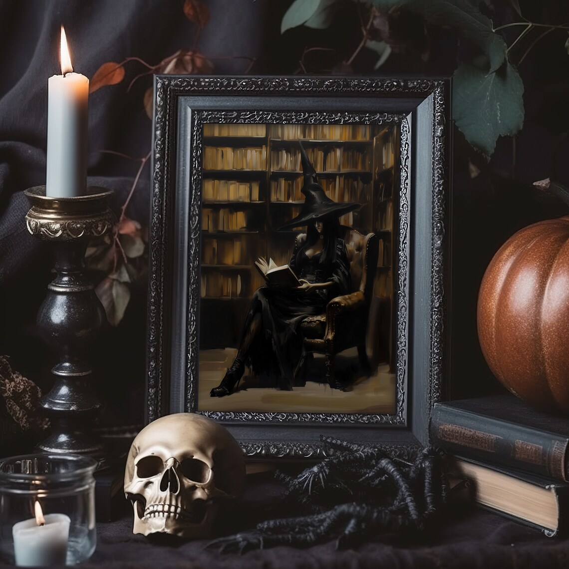 Witch Reading In Dark Library Gothic Halloween Oil Painting Wall Art - Image 2