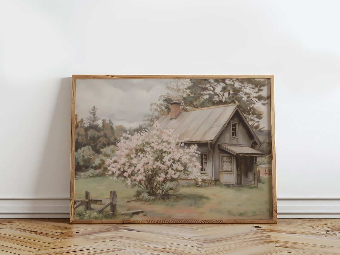 Rustic Cottage With Blooming Pink Tree Spring Garden Art Print - Image 4