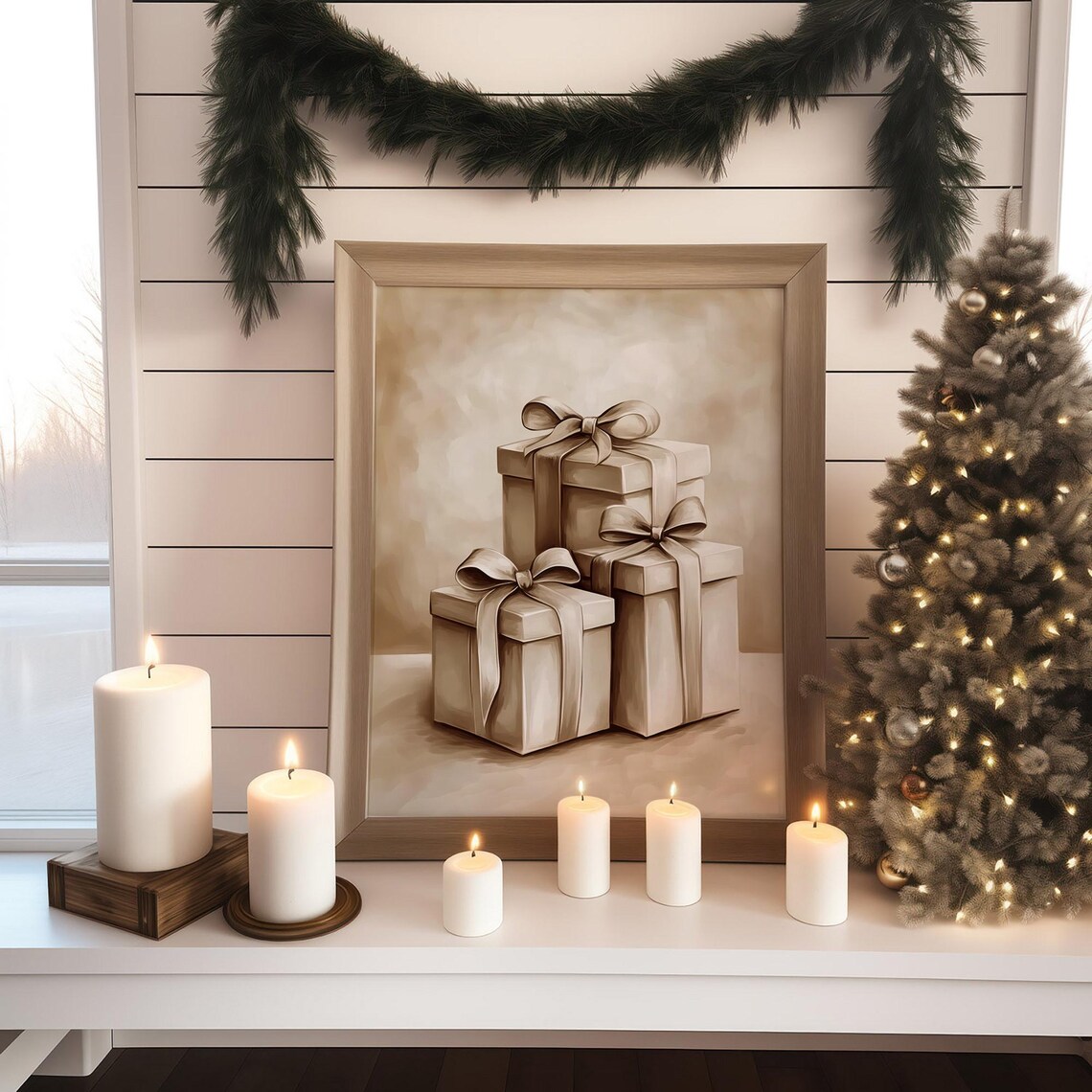 Beige Christmas Gifts Art Print, Rustic Vintage Holiday Decor - Image 2