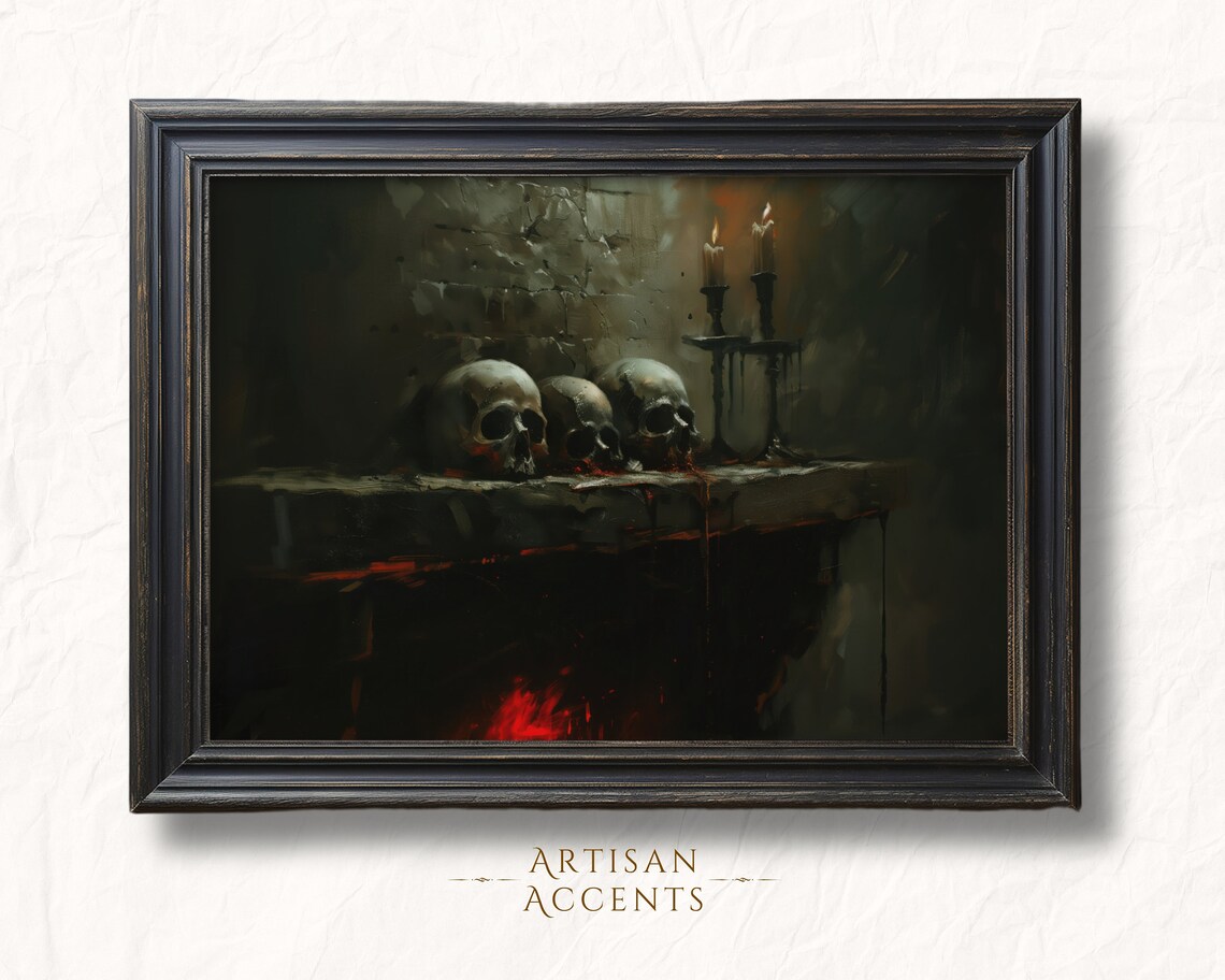 Skulls Fireplace Candles Dark Gothic Halloween Moody Oil Painting Poster - Image 5