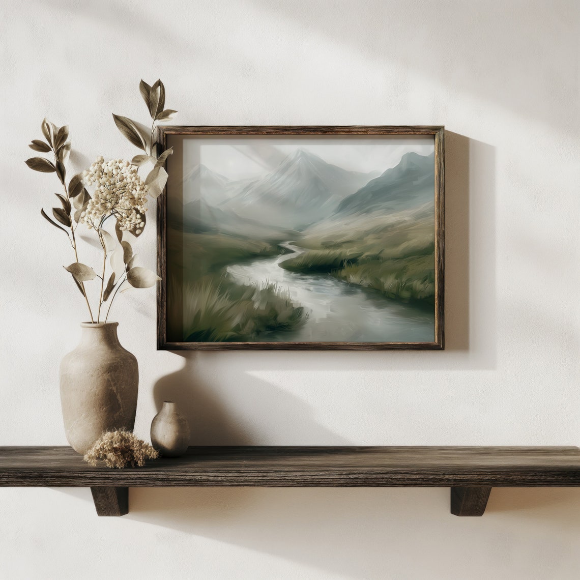 Winding River Green Valley Misty Mountains Soft Sage Landscape Poster - Image 2