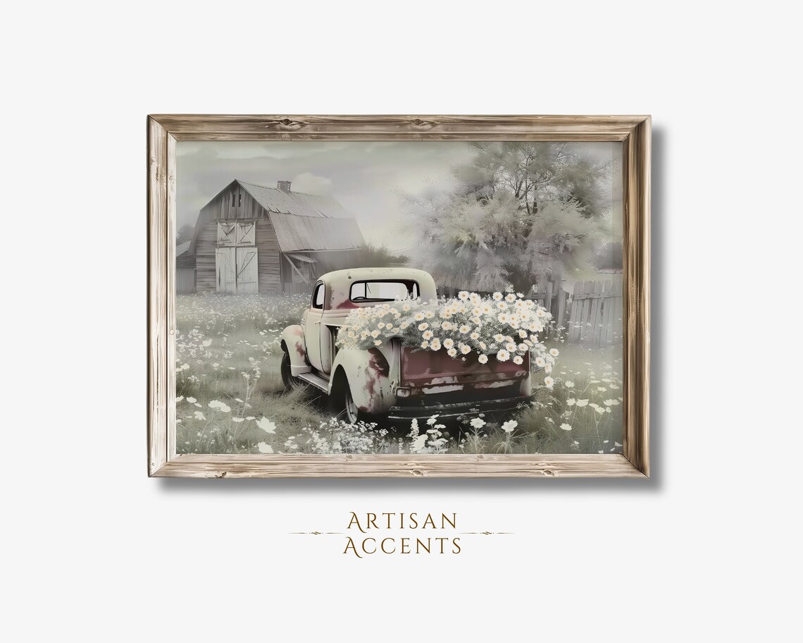 Vintage Truck With Daisies By Rustic Barn Farmhouse Art Print
