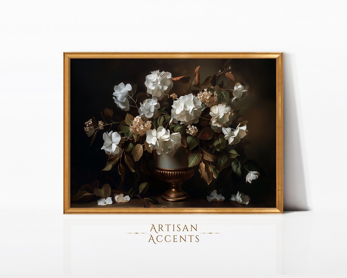 White Hydrangea Urn Dark Moody Floral Still Life Vintage Art Print