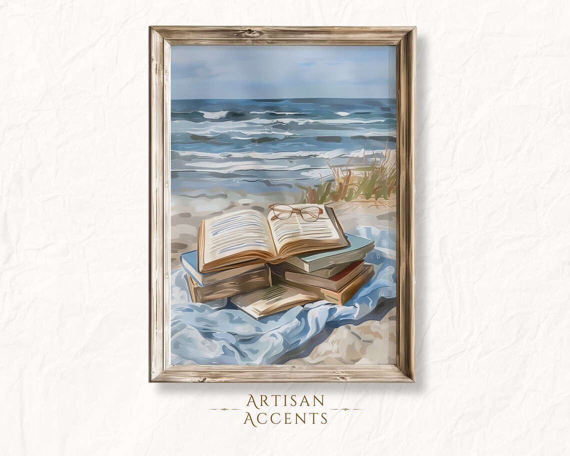 Vintage Books Beach Oil Painting, Oceanfront Art Print - Image 2