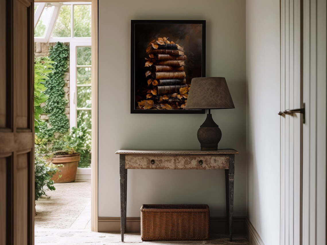 Stacked Vintage Books With Autumn Leaves Fall Decor Oil Painting Print - Image 2