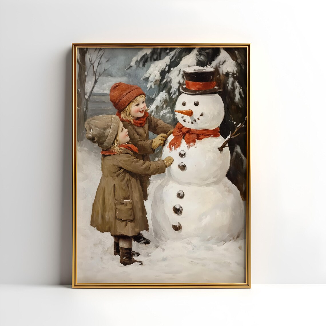 Children Building A Snowman Vintage Christmas Winter Scene Wall Art - Image 5