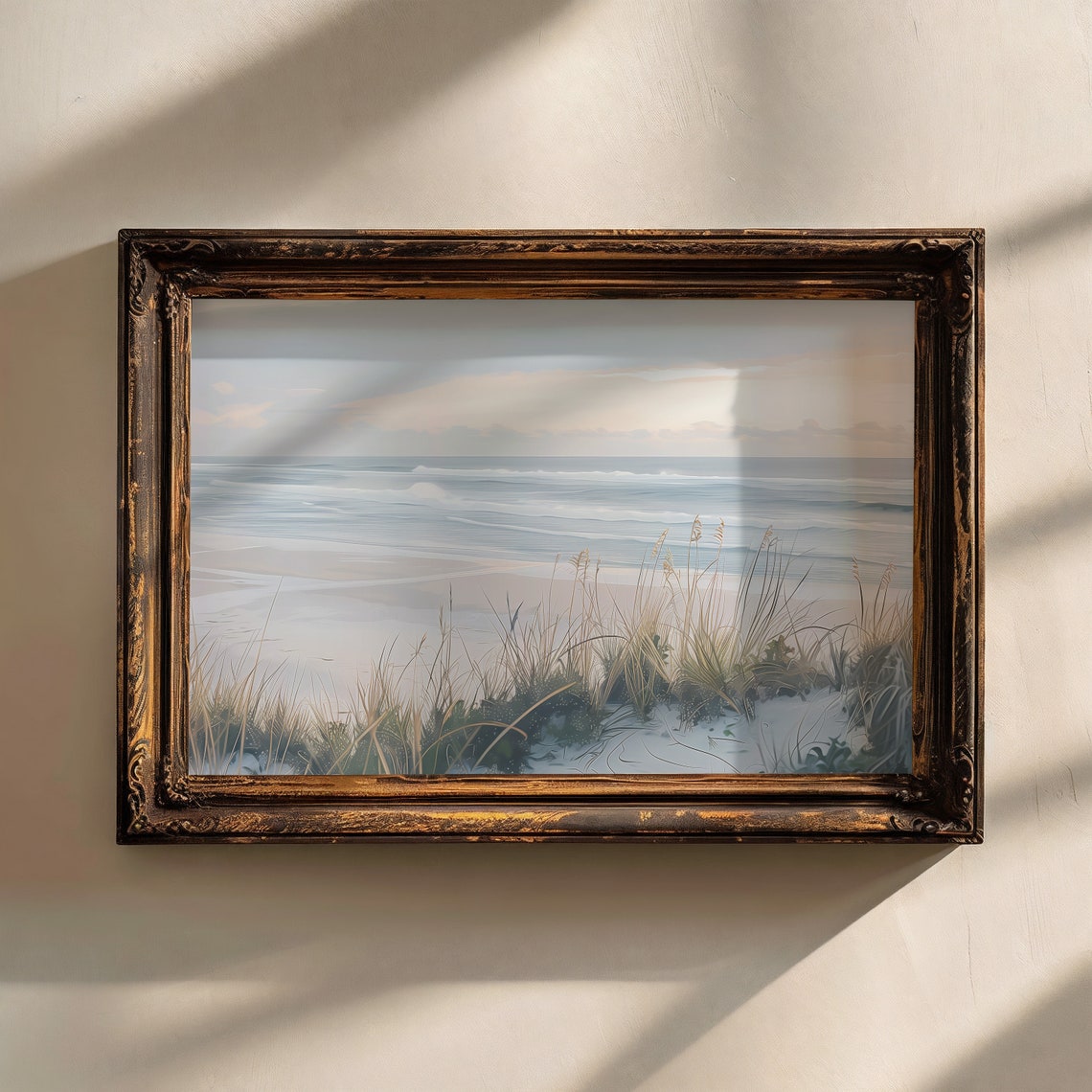 Pastel Beach Sunset Over Calm Waves Dune Grass Coastal Art Print - Image 3
