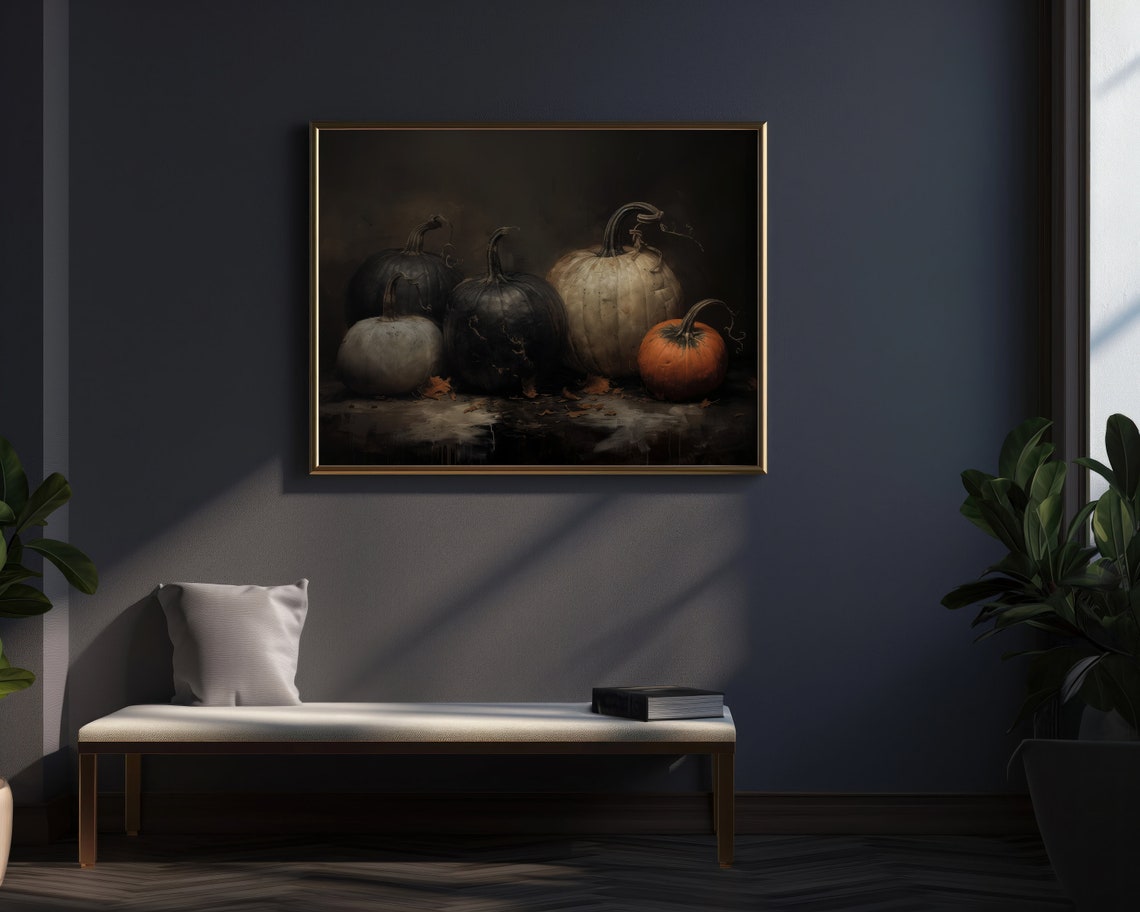 Dark Moody Pumpkins In Black Frame Fall Harvest Still Life Art Print - Image 3