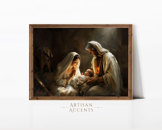 Nativity Scene Mary Joseph Baby Jesus Warm Light Religious Oil Painting Poster