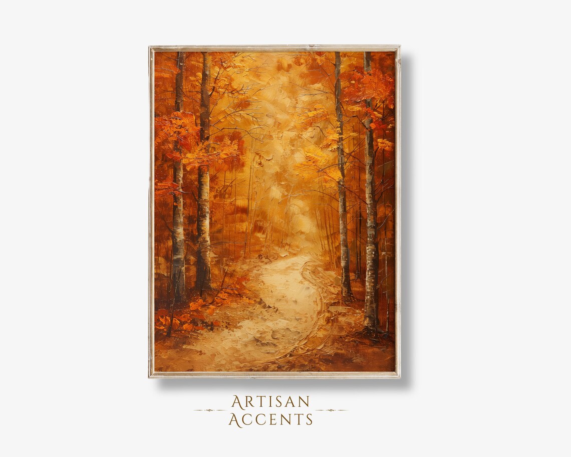 Orange Autumn Birch Forest Path Fall Foliage Oil Painting Wall Art