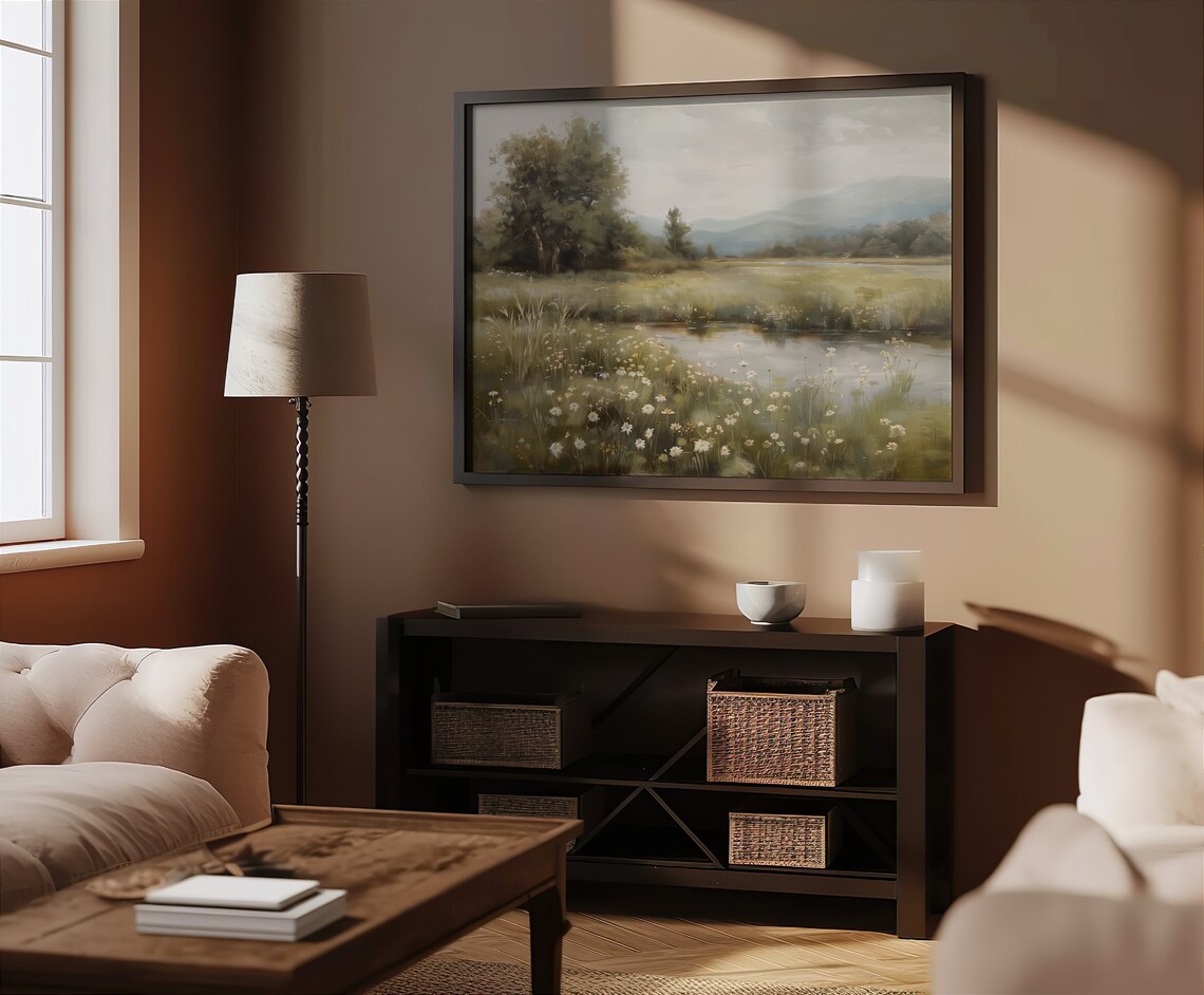 Meadow Pond With Daisies Spring Wildflower Landscape Oil Painting - Image 4