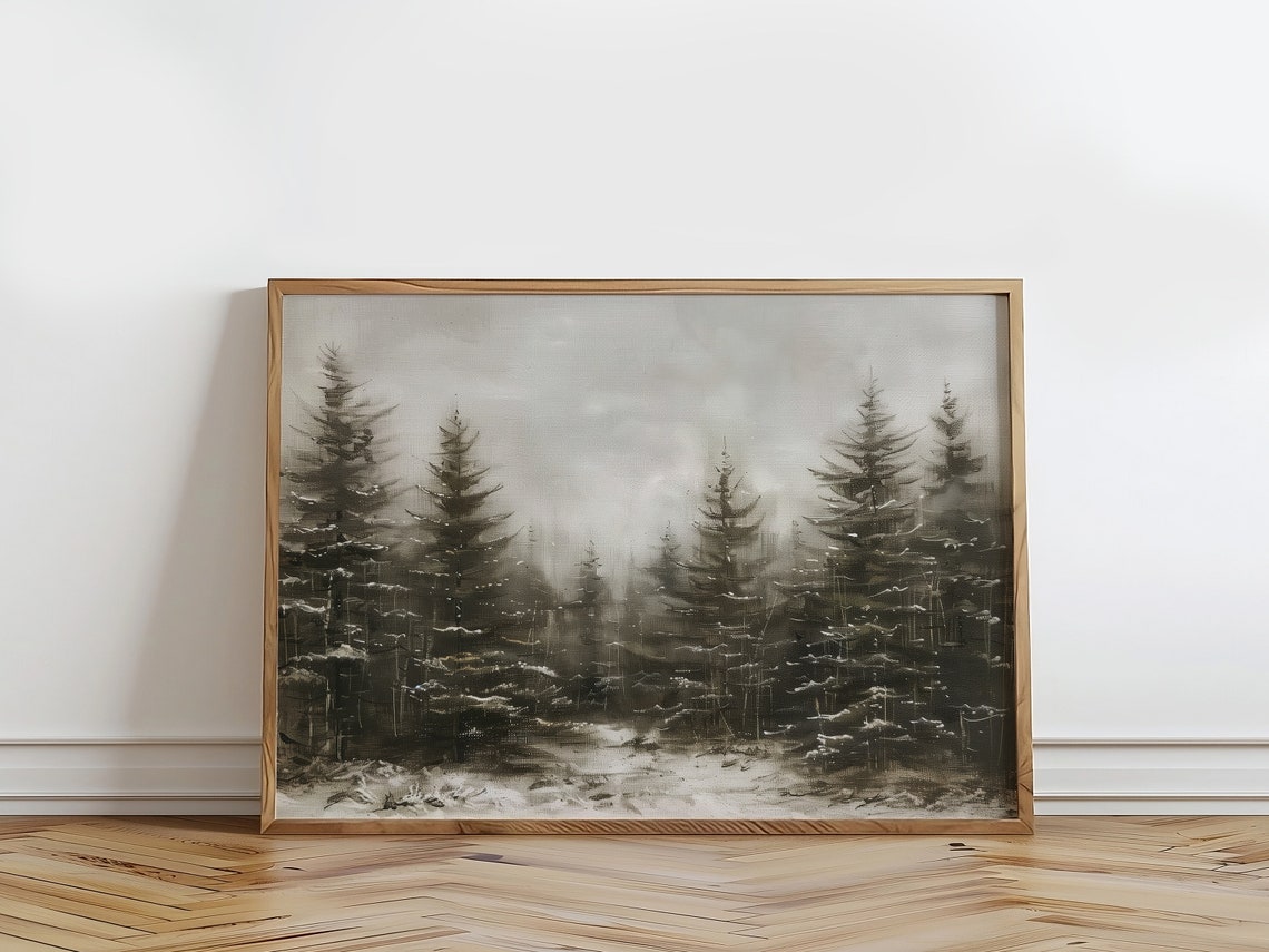Snowy Pine Forest Winter Trees Monochrome Christmas Landscape Print - Image 3