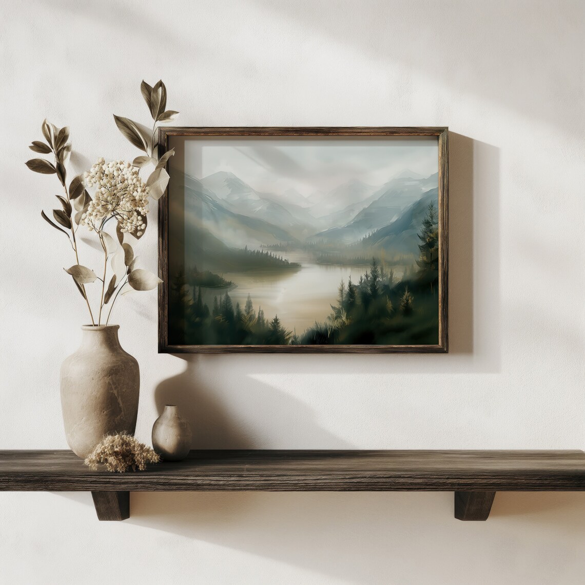 Misty Mountain Lake Evergreen Forest Soft Green Landscape Poster - Image 3
