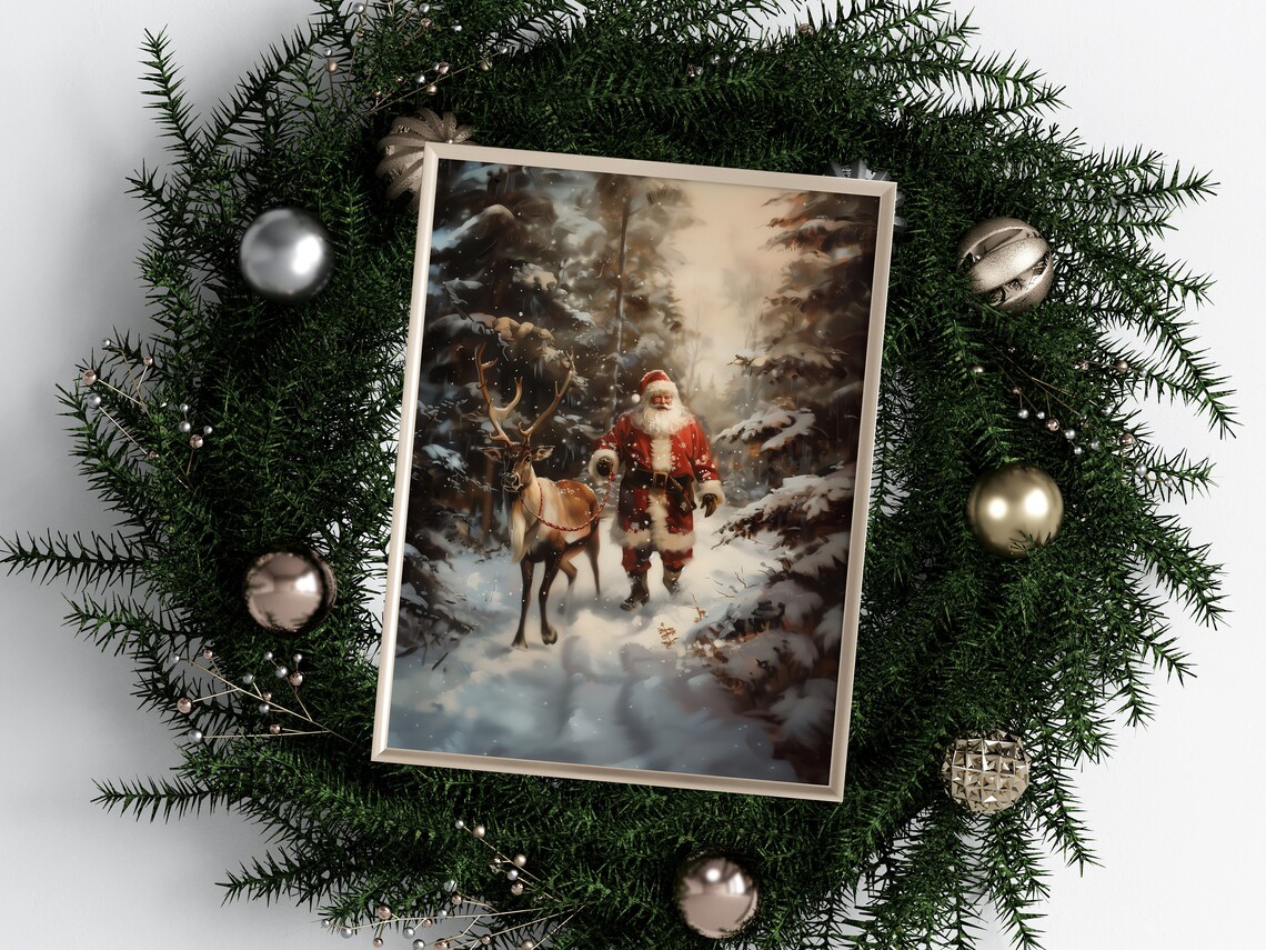 Santa Claus And Reindeer In Snowy Forest Christmas Oil Painting Print - Image 5