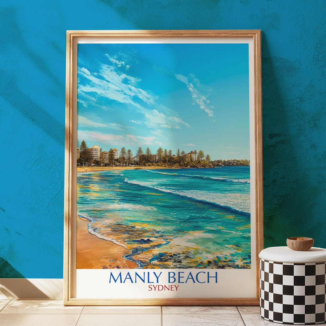 Manly Beach Sydney Australia Turquoise Waves Illustrated Travel Poster