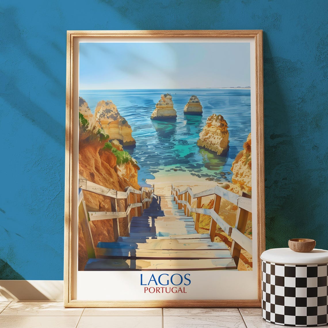Lagos Portugal Coastal Stairs Turquoise Sea Cliffs Travel Poster Art