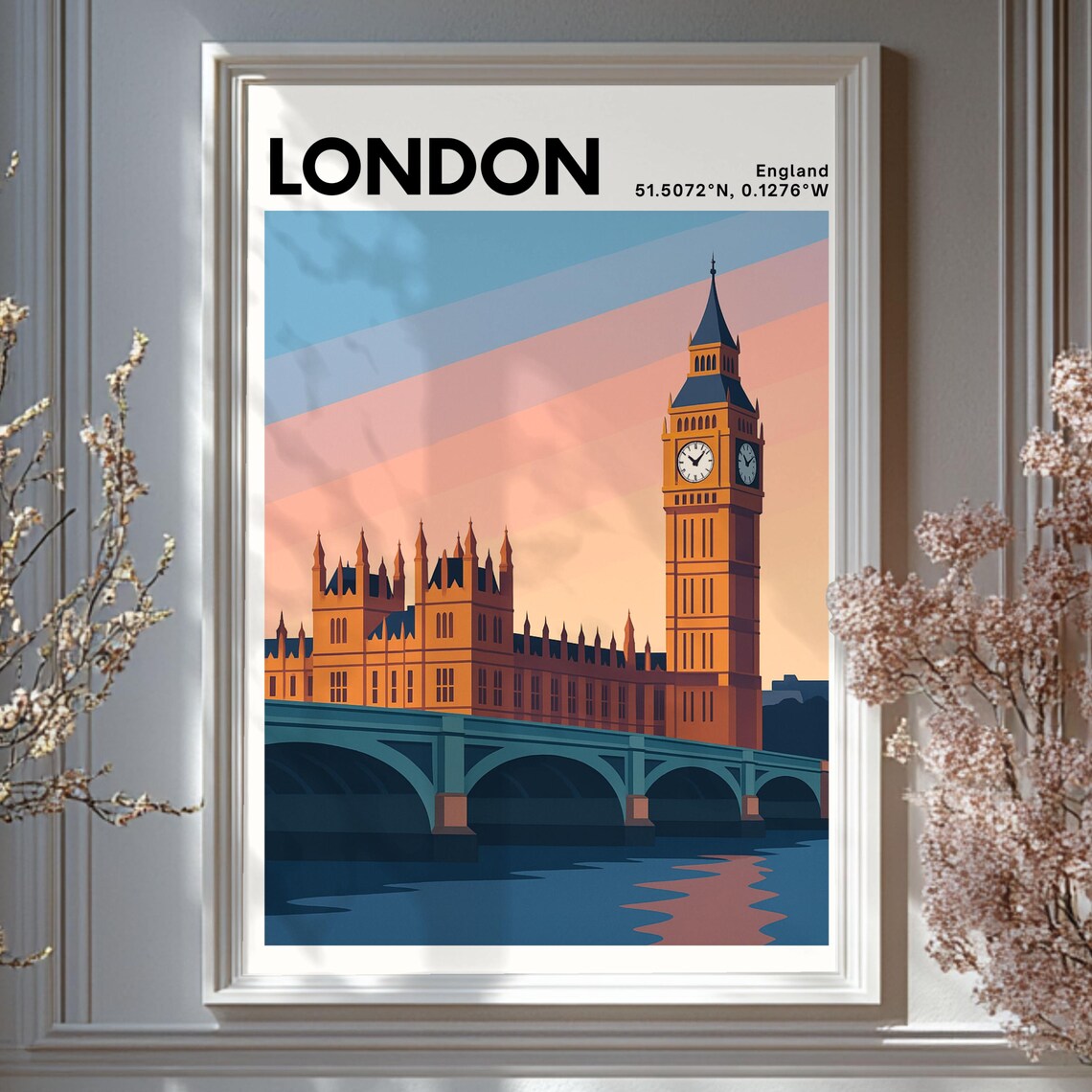 London Big Ben Parliament England Sunset Cityscape Travel Poster