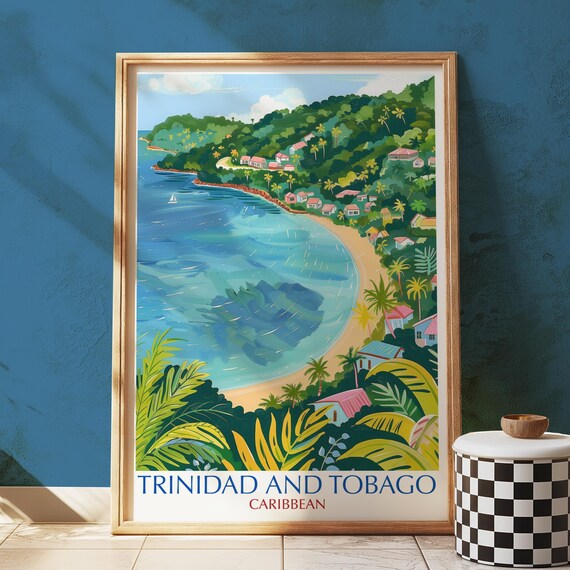 Trinidad and Tobago Caribbean Tropical Bay Illustrated Poster