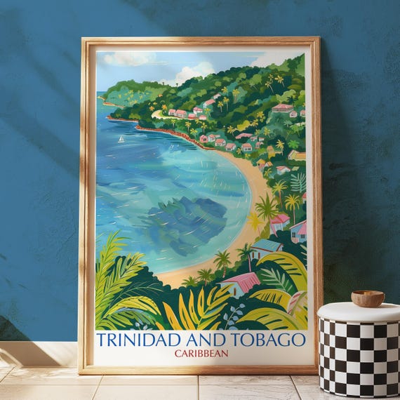 Trinidad And Tobago Wall Art Print Illustrated Caribbean Coast Poster With Tropical Bay Colourful Hillside Homes Beach Travel Decor
