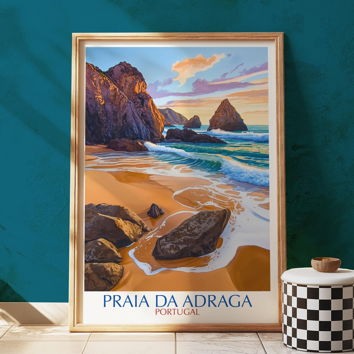 Praia da Adraga Portugal Atlantic Beach Sunset Rocky Coast Travel Poster
