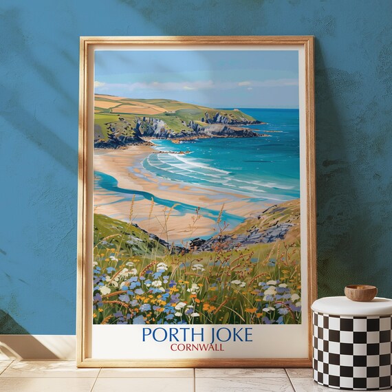 Porth Joke Cornwall Coastal Beach Wildflowers Illustrated Travel Poster