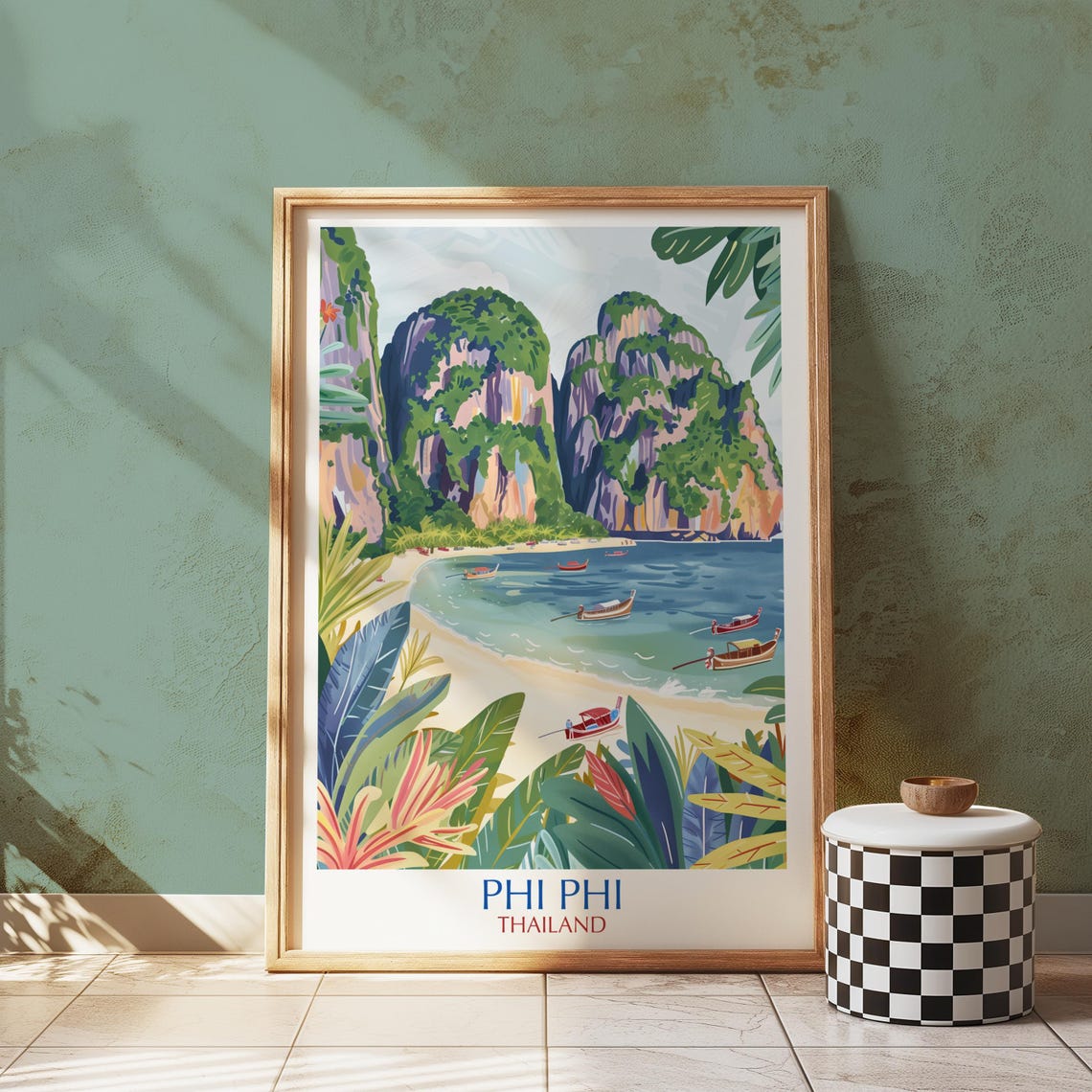 Phi Phi Thailand Islands Travel Poster Longtail Boats Limestone Cliffs