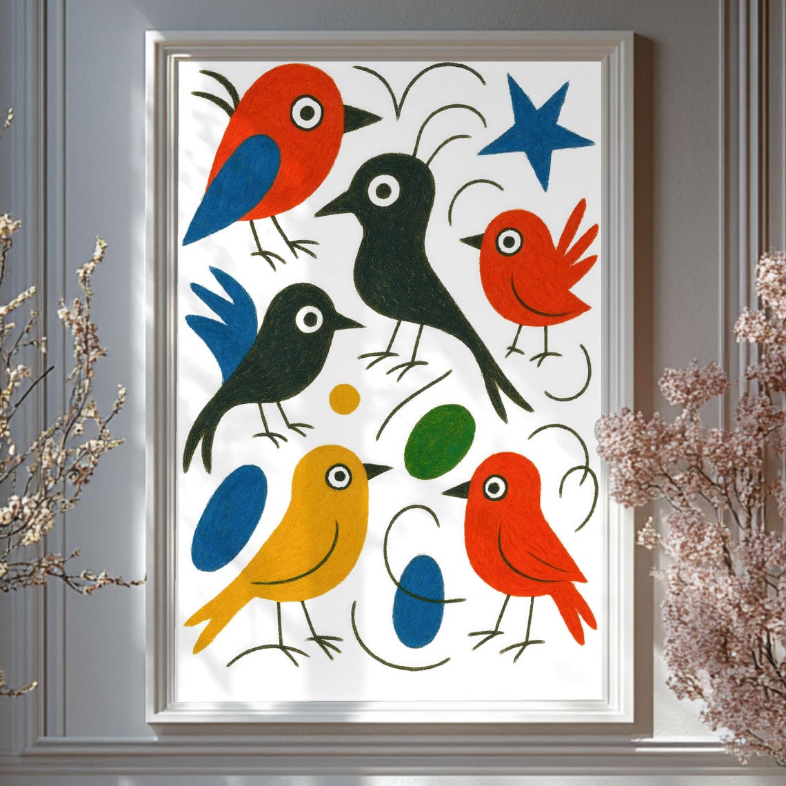 Colorful Folk Art Birds Collection Bright Floral Botanical Wall Poster