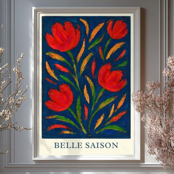 Red Tulip Floral Print Bold French Botanical Art