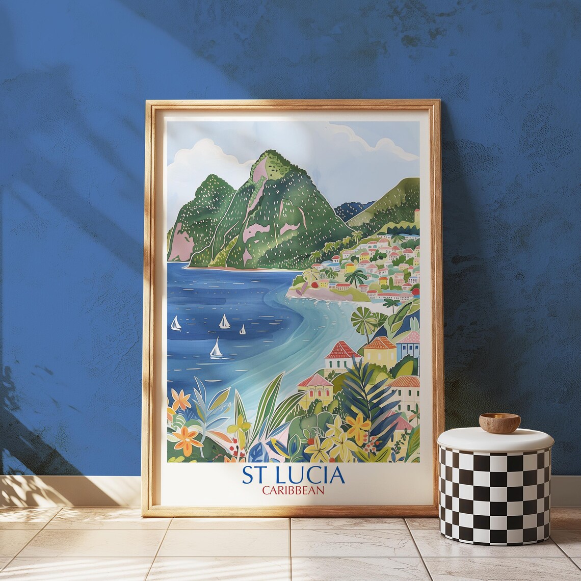 St Lucia Caribbean Travel Poster, Pitons Mountain