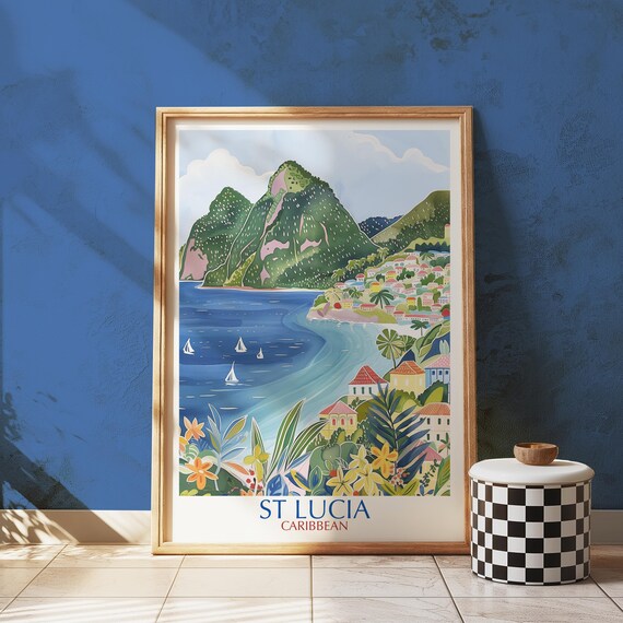 St Lucia Caribbean Travel Poster, Pitons Mountain