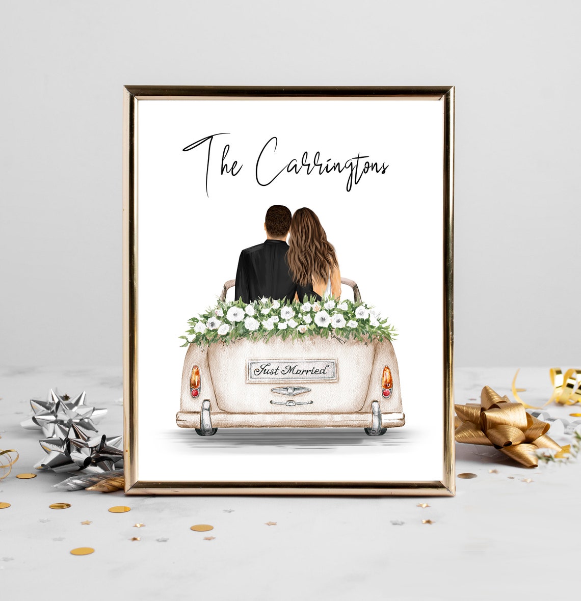 Just Married Couple In Vintage Car Newlywed Wedding Portrait Poster
