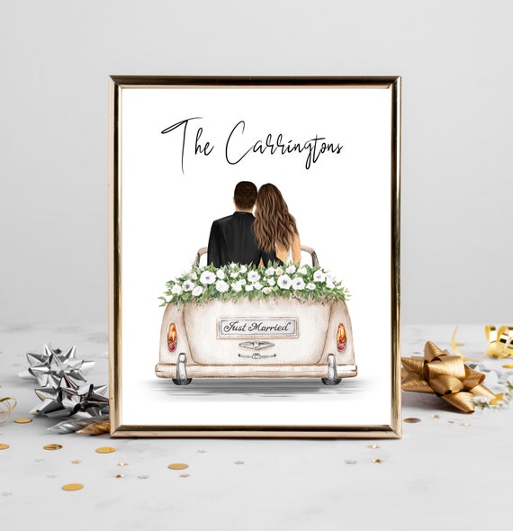 Just Married Couple In Vintage Car Newlywed Wedding Portrait Poster