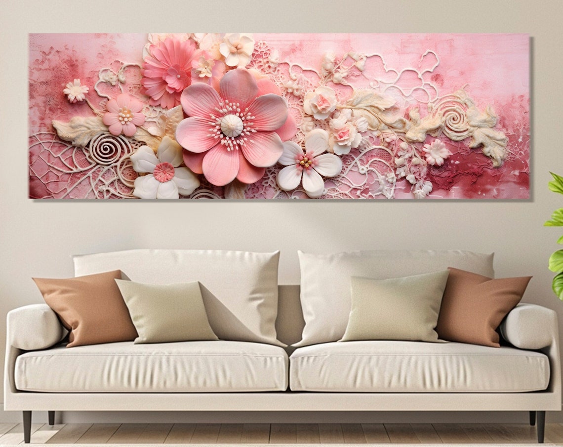 Pink 3D Floral Lace Rosy Background Romantic Panoramic Decor Wall Art