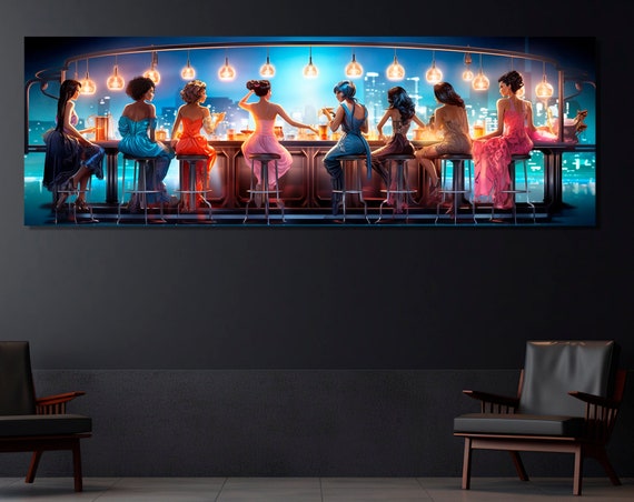 Ladies Sitting At The Bar Large Night Club Wall Decor Bar Wall Art Pub Wall Decor Framed And Ready To Hang
