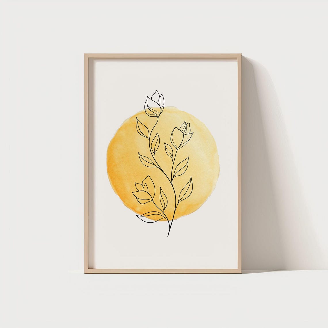Minimal Botanical Line Art Yellow Watercolor Wall Scandinavian Nature Poster Modern Plant Drawing