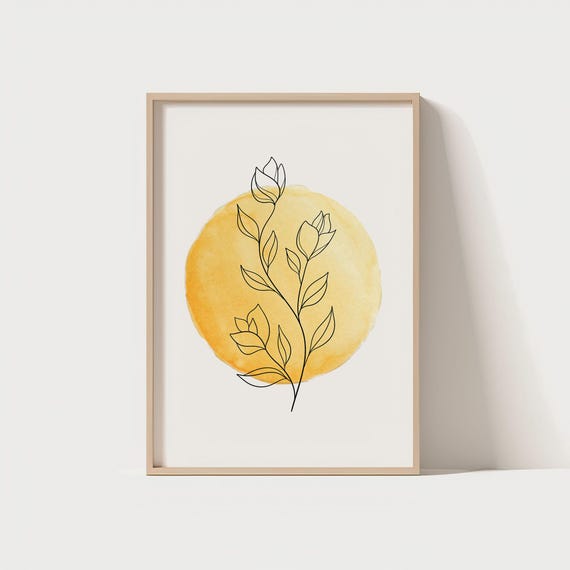 Minimal Botanical Line Art Yellow Watercolor Wall Scandinavian Nature Poster Modern Plant Drawing