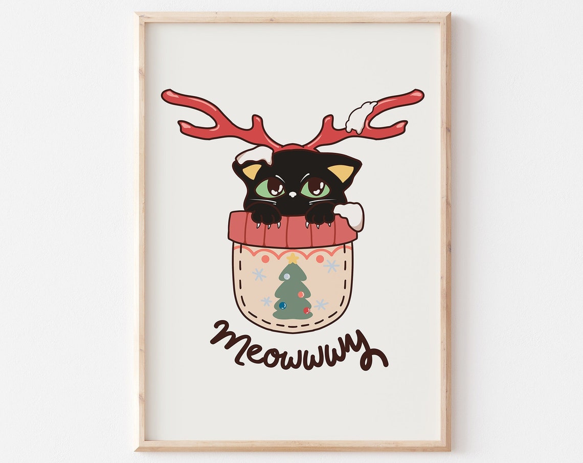 Meowwwy Black Cat With Reindeer Antlers in Stocking Art Poster