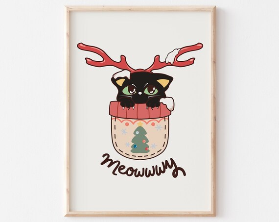Meowwwy Black Cat With Reindeer Antlers in Stocking Art Poster