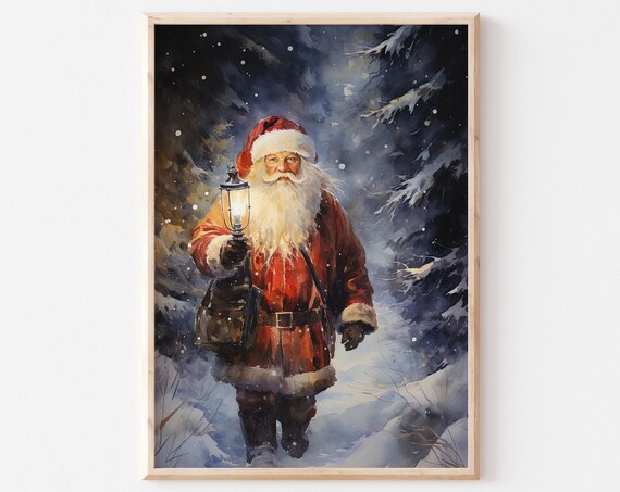 Vintage Santa Claus With Lantern in a Snowy Winter Forest Poster