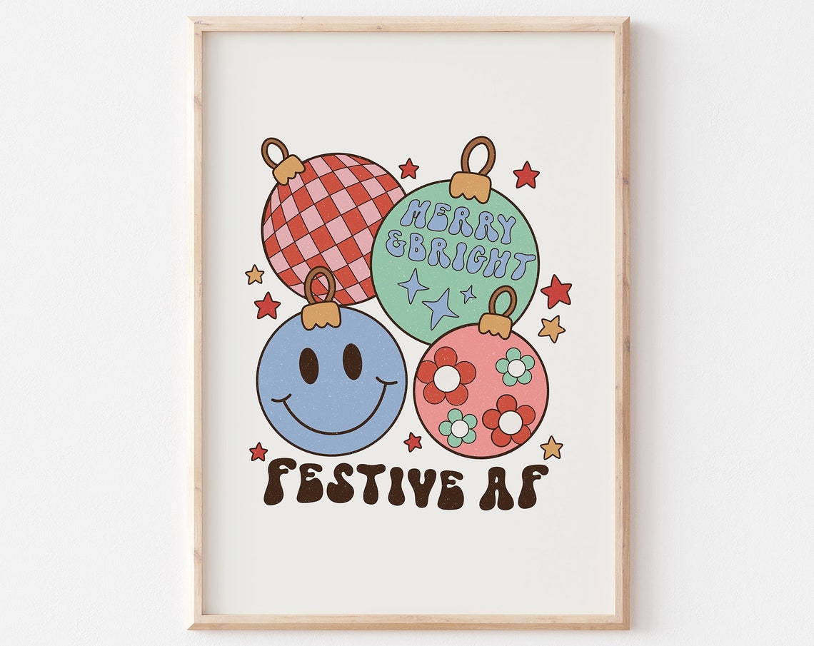 Festive AF Retro Smiley Face Christmas Ornaments Fun Holiday Poster