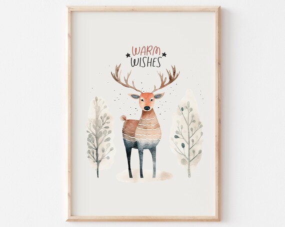 Warm Wishes Gentle Watercolor Deer Among Winter Forest Poster