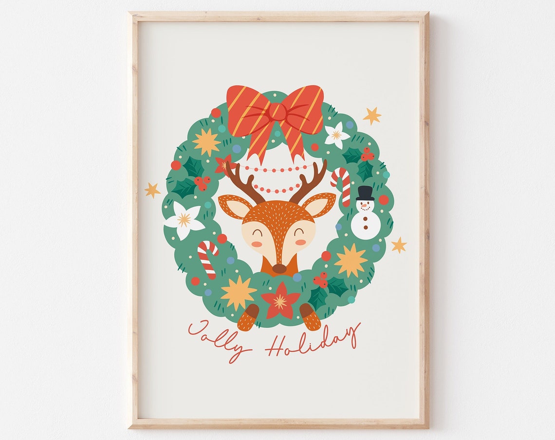 Jolly Holiday Cute Reindeer Peeking From a Christmas Wreath Poster