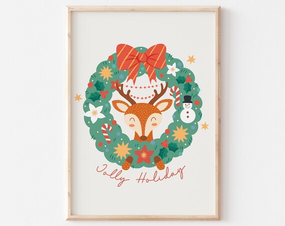 Jolly Holiday Cute Reindeer Peeking From a Christmas Wreath Poster
