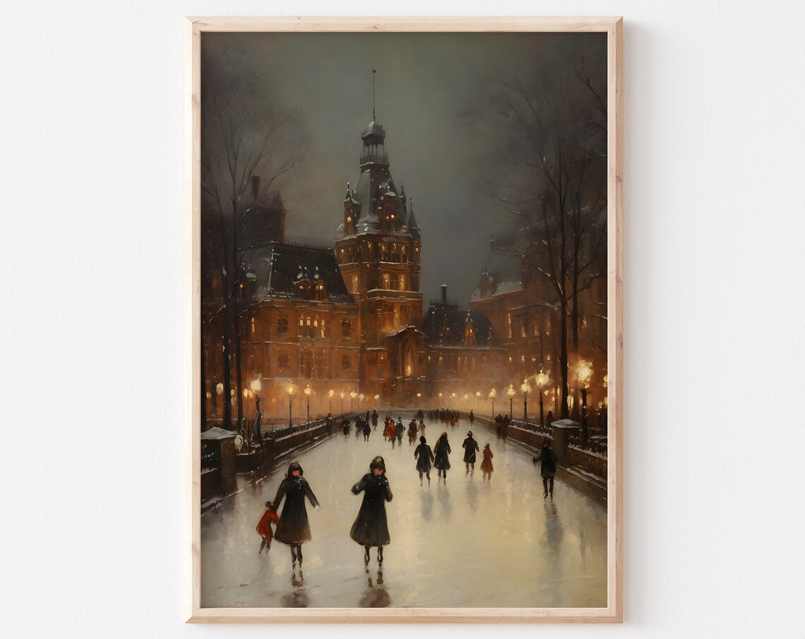 Night Ice Skating by the Illuminated Grand Hotel Vintage Painting Poster - Image 2