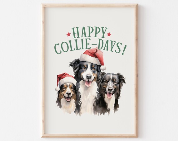 Happy Collie Days Three Collies In Santa Hats Christmas Dog Poster